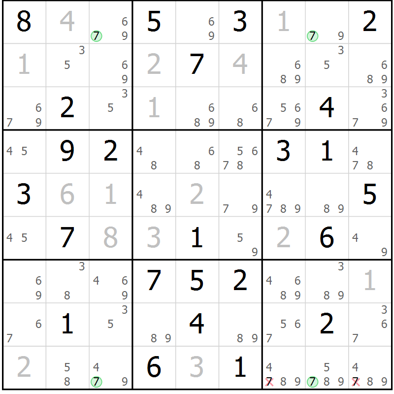Position des candidats pour la solution de la Gr 69 page 72 du magazine de sudoku Sudoku Suprême n° 036