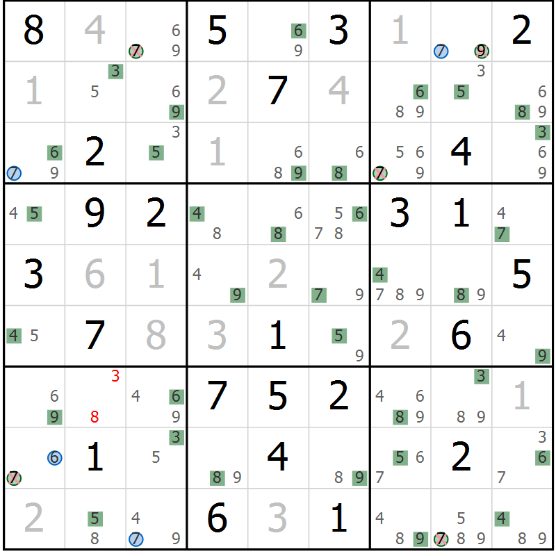 Position des candidats pour la solution de la Gr 69 page 72 du magazine de sudoku Sudoku Suprême n° 036