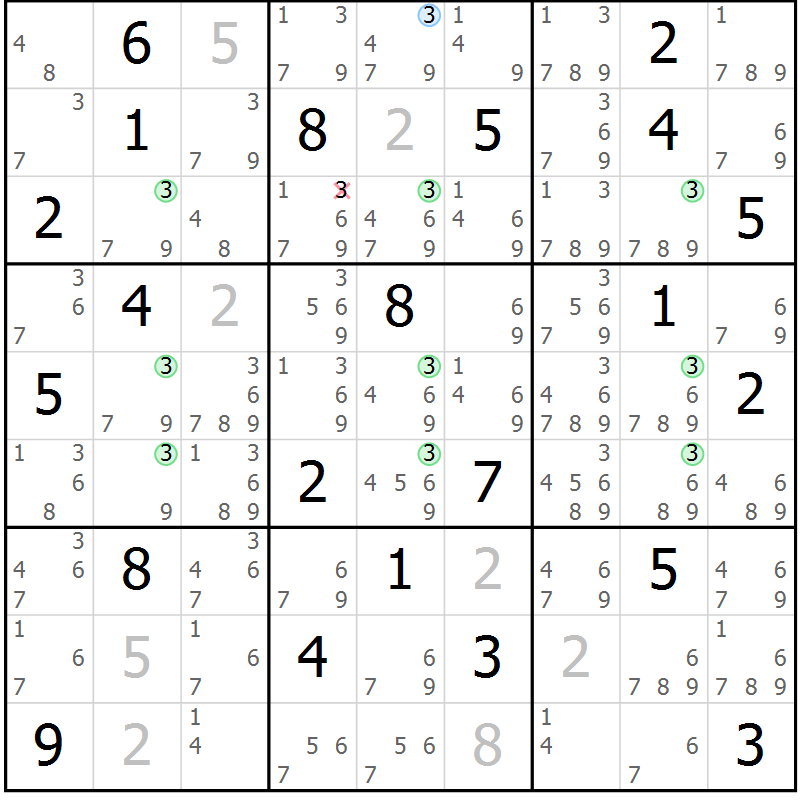 Position des candidats pour la solution de la Gr 7 page 10 du magazine de sudoku Sudoku Suprême n° 036