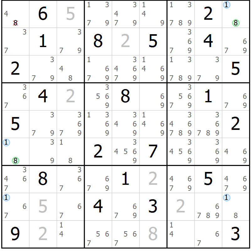 Position des candidats pour la solution de la Gr 7 page 10 du magazine de sudoku Sudoku Suprême n° 036