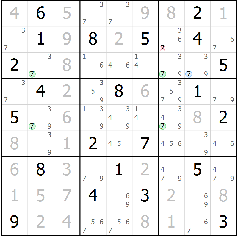 Position des candidats pour la solution de la Gr 7 page 10 du magazine de sudoku Sudoku Suprême n° 036