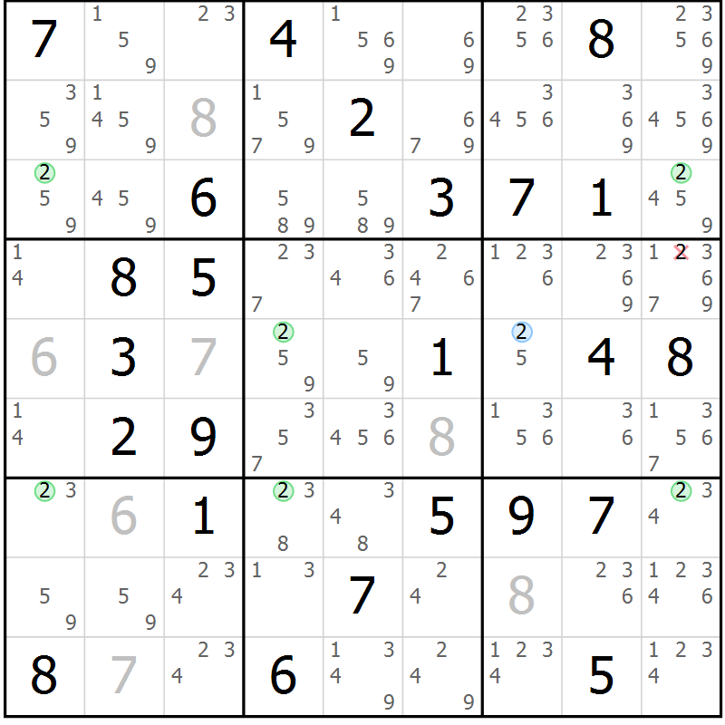 Position des candidats pour la solution de la Gr 70 page 73 du magazine de sudoku Sudoku Suprême n° 036