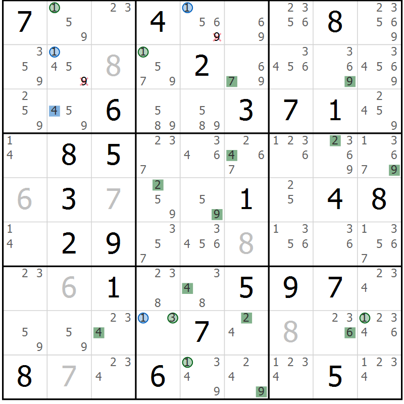 Position des candidats pour la solution de la Gr 70 page 73 du magazine de sudoku Sudoku Suprême n° 036