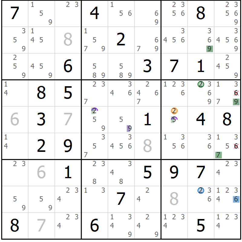 Position des candidats pour la solution de la Gr 70 page 73 du magazine de sudoku Sudoku Suprême n° 036
