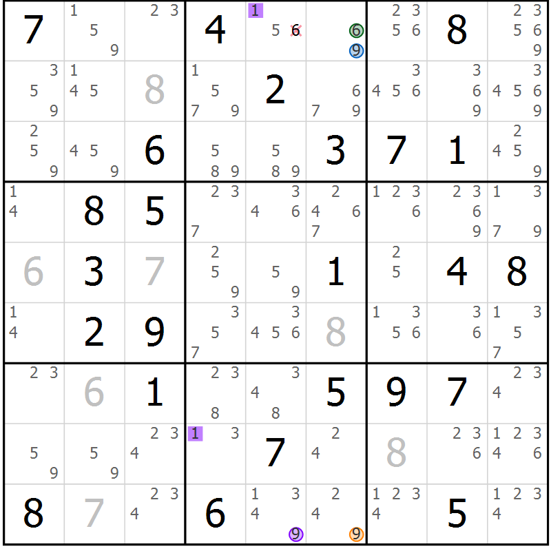 Position des candidats pour la solution de la Gr 70 page 73 du magazine de sudoku Sudoku Suprême n° 036