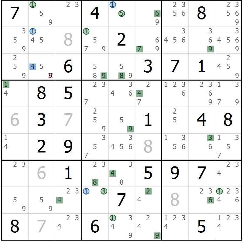 Position des candidats pour la solution de la Gr 70 page 73 du magazine de sudoku Sudoku Suprême n° 036