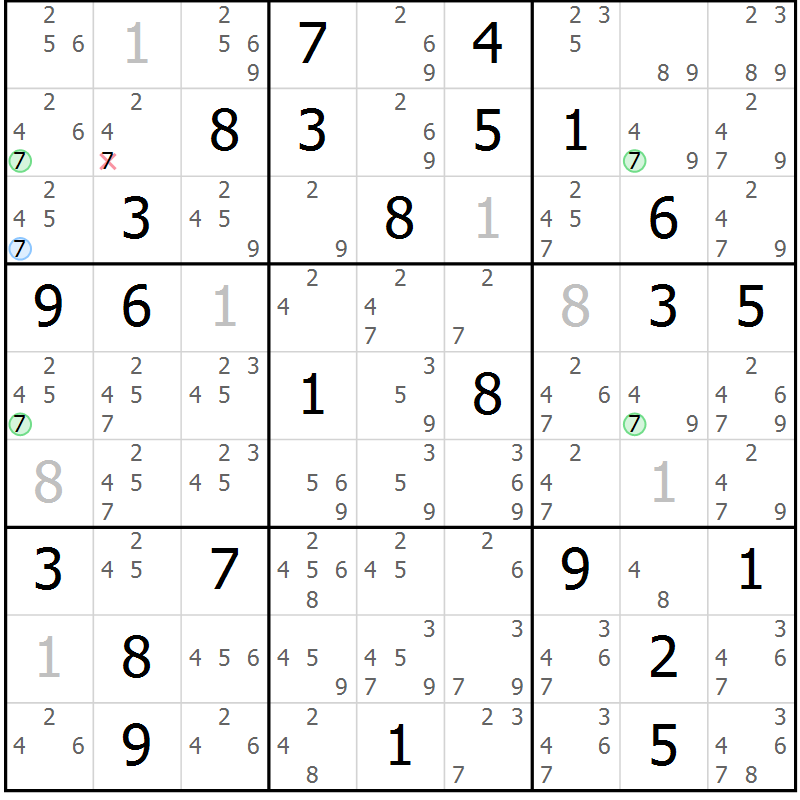 Position des candidats pour la solution de la Gr 71 page 74 du magazine de sudoku Sudoku Suprême n° 036