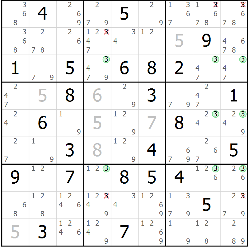 Position des candidats pour la solution de la Gr 72 page 75 du magazine de sudoku Sudoku Suprême n° 036