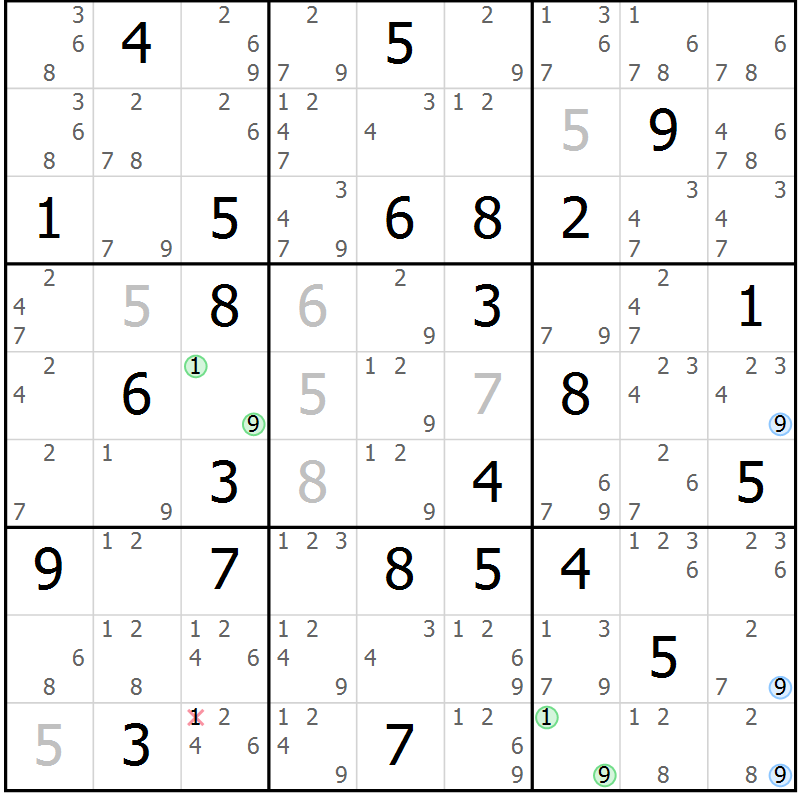 Position des candidats pour la solution de la Gr 72 page 75 du magazine de sudoku Sudoku Suprême n° 036