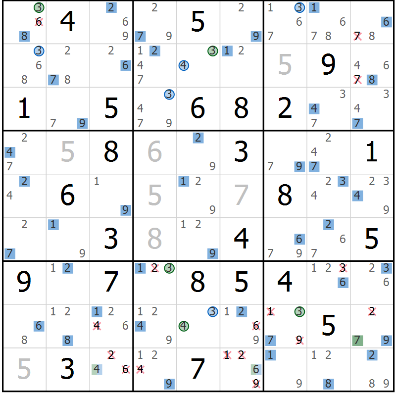 Position des candidats pour la solution de la Gr 72 page 75 du magazine de sudoku Sudoku Suprême n° 036