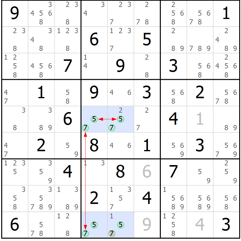 Position des candidats pour la solution de la Gr 73 page 76 du magazine de sudoku Sudoku Suprême n° 036