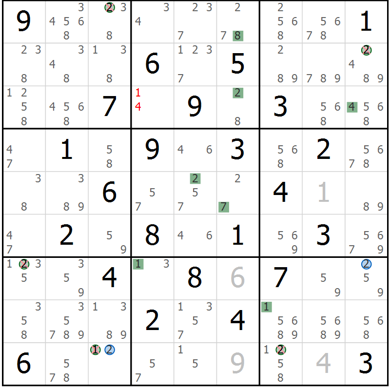Position des candidats pour la solution de la Gr 73 page 76 du magazine de sudoku Sudoku Suprême n° 036
