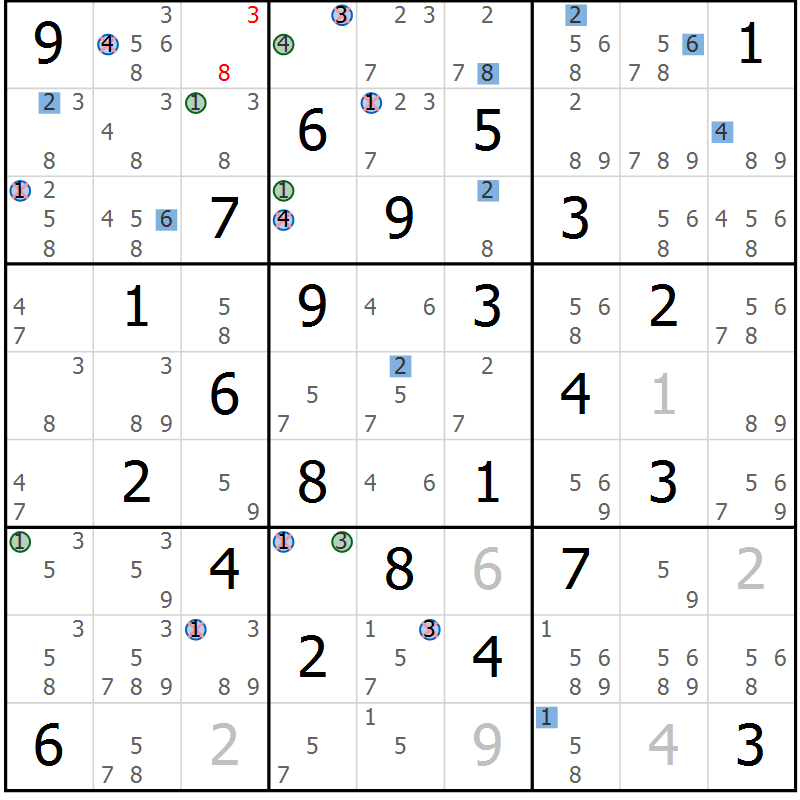 Position des candidats pour la solution de la Gr 73 page 76 du magazine de sudoku Sudoku Suprême n° 036