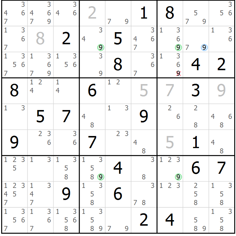 Position des candidats pour la solution de la Gr 74 page 77 du magazine de sudoku Sudoku Suprême n° 036