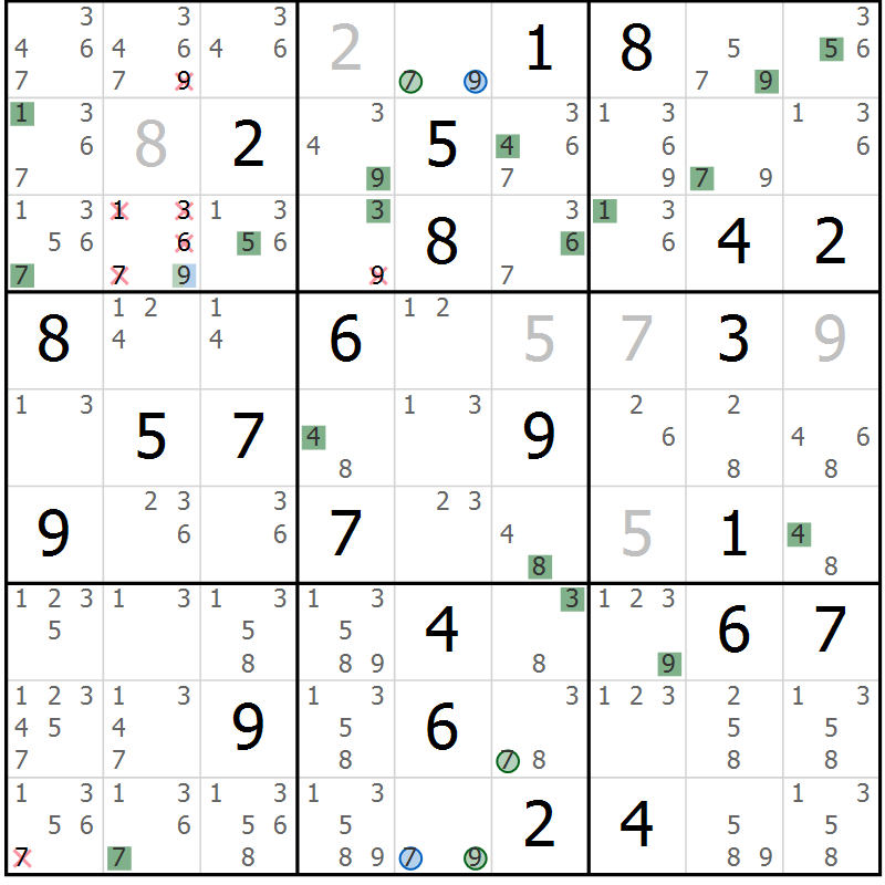 Position des candidats pour la solution de la Gr 74 page 77 du magazine de sudoku Sudoku Suprême n° 036