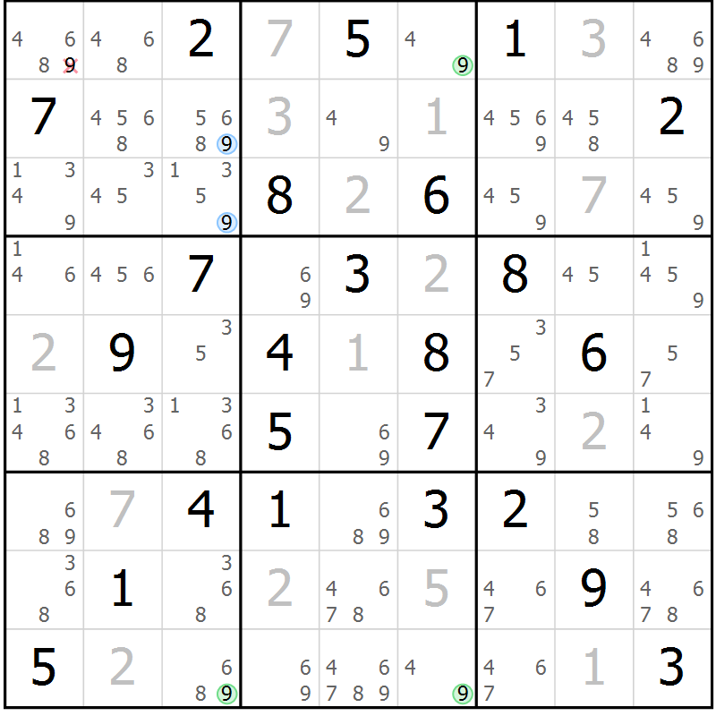 Position des candidats pour la solution de la Gr 75 page 78 du magazine de sudoku Sudoku Suprême n° 036
