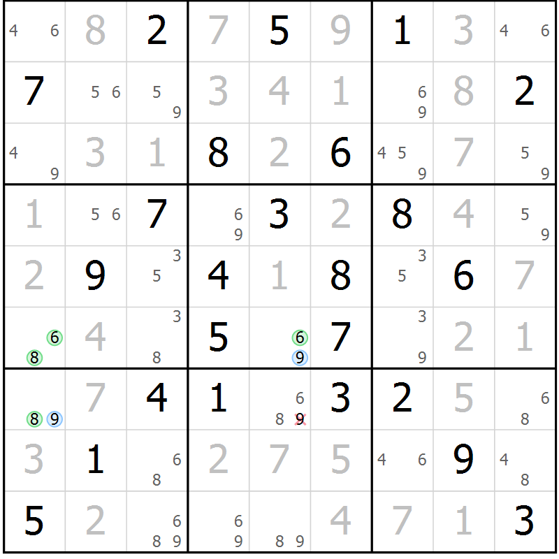 Position des candidats pour la solution de la Gr 75 page 78 du magazine de sudoku Sudoku Suprême n° 036