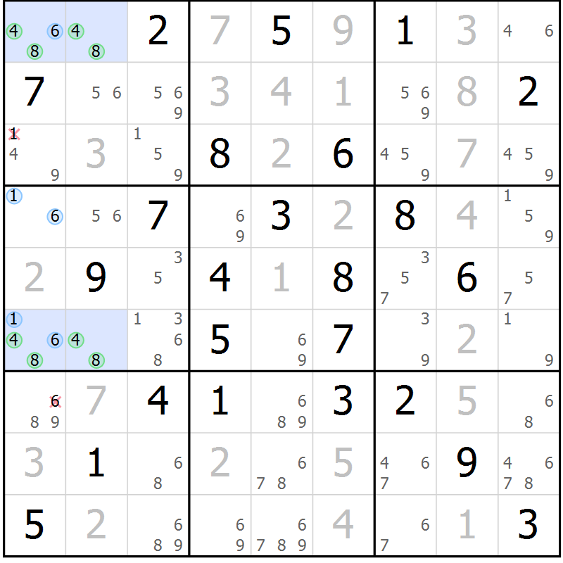 Position des candidats pour la solution de la Gr 75 page 78 du magazine de sudoku Sudoku Suprême n° 036