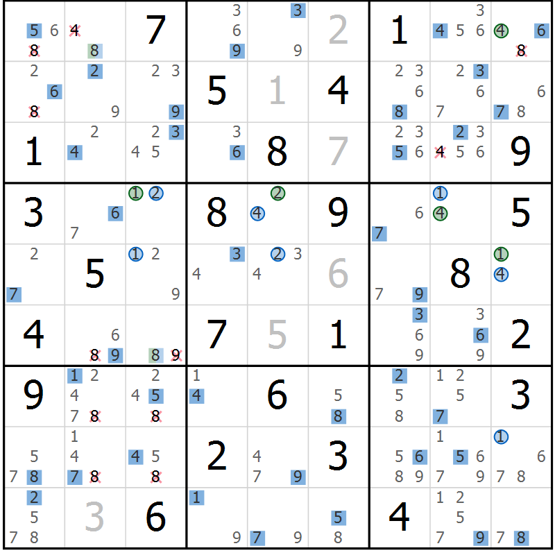 Position des candidats pour la solution de la Gr 76 page 79 du magazine de sudoku Sudoku Suprême n° 036