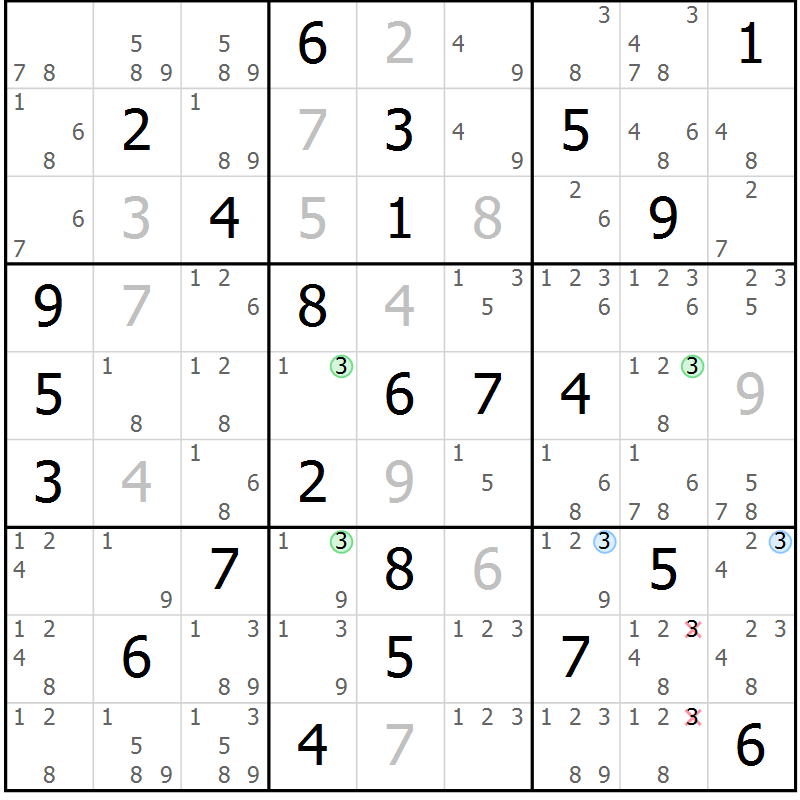 Position des candidats pour la solution de la Gr 77 page 80 du magazine de sudoku Sudoku Suprême n° 036
