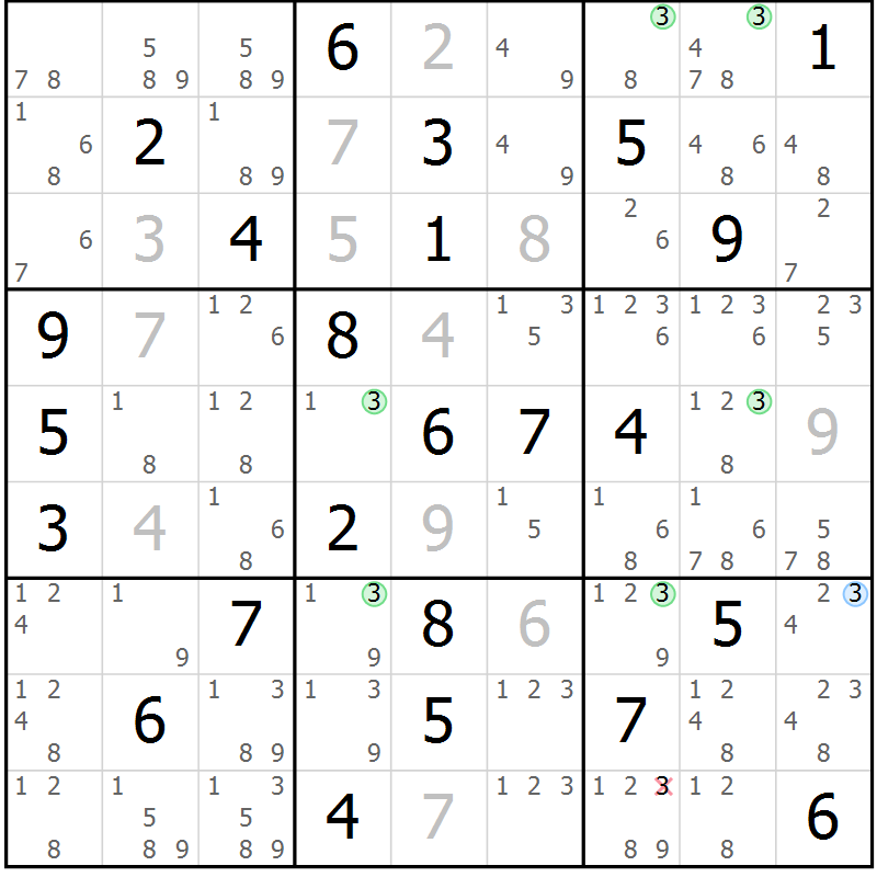Position des candidats pour la solution de la Gr 77 page 80 du magazine de sudoku Sudoku Suprême n° 036