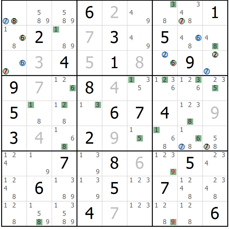 Position des candidats pour la solution de la Gr 77 page 80 du magazine de sudoku Sudoku Suprême n° 036