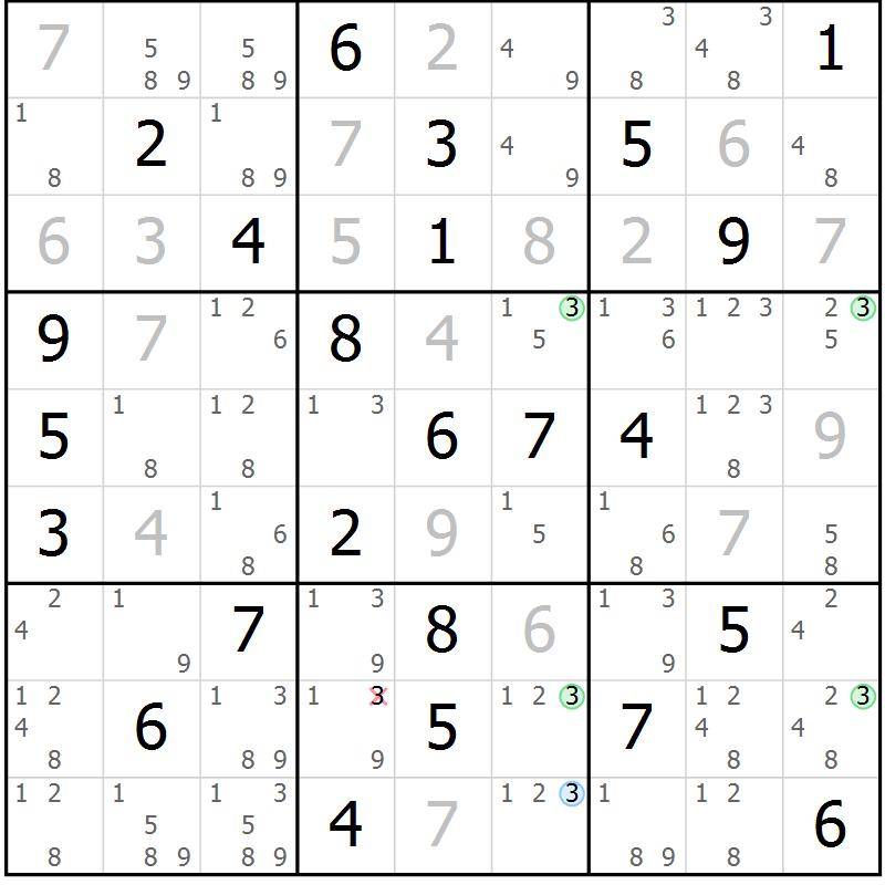 Position des candidats pour la solution de la Gr 77 page 80 du magazine de sudoku Sudoku Suprême n° 036