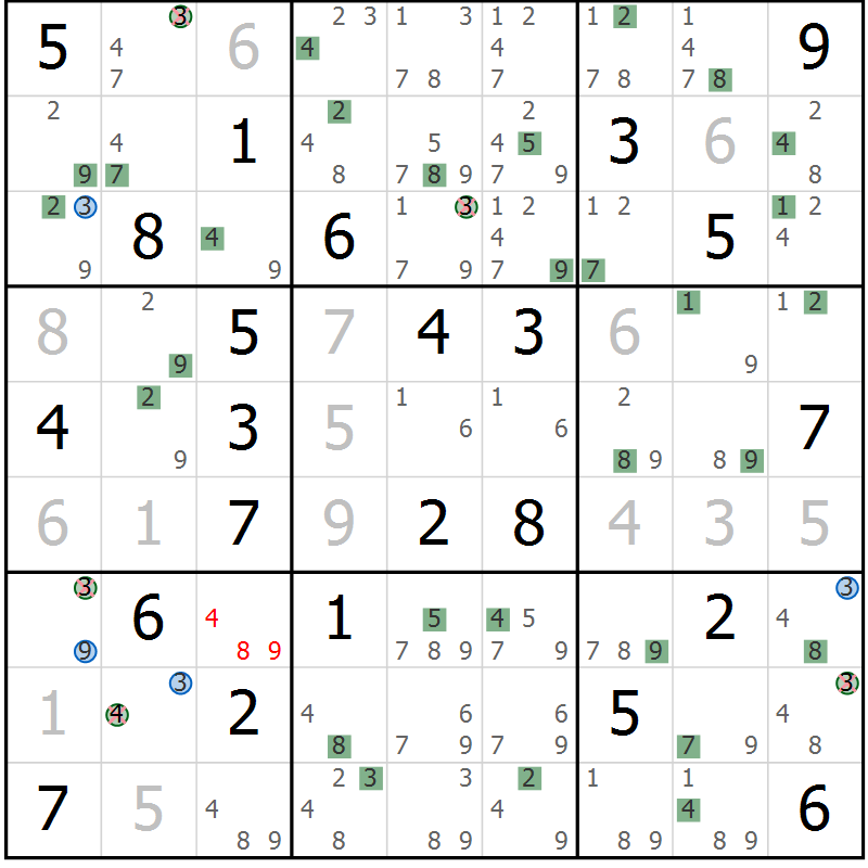 Position des candidats pour la solution de la Gr 79 page 82 du magazine de sudoku Sudoku Suprême n° 036