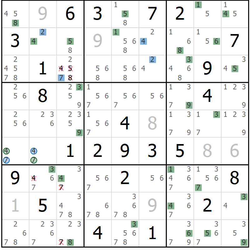 Position des candidats pour la solution de la Gr 81 page 84 du magazine de sudoku Sudoku Suprême n° 036