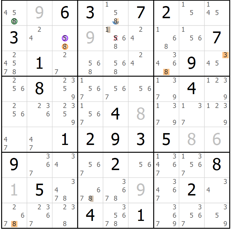 Position des candidats pour la solution de la Gr 81 page 84 du magazine de sudoku Sudoku Suprême n° 036