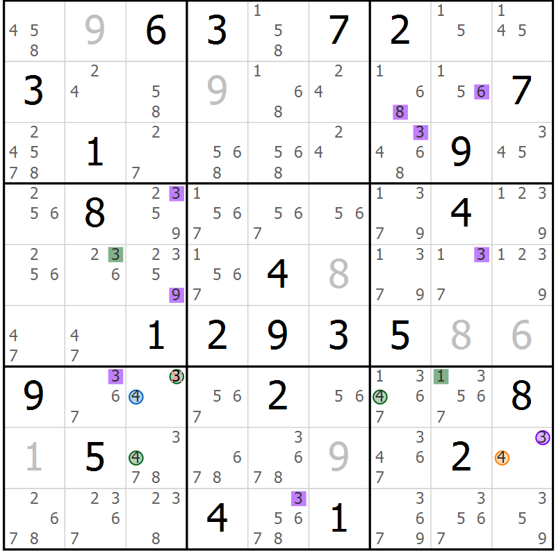 Position des candidats pour la solution de la Gr 81 page 84 du magazine de sudoku Sudoku Suprême n° 036