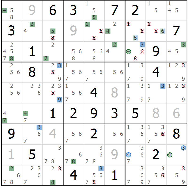 Position des candidats pour la solution de la Gr 81 page 84 du magazine de sudoku Sudoku Suprême n° 036