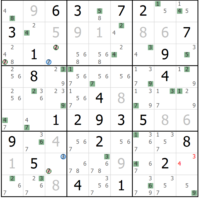 Position des candidats pour la solution de la Gr 81 page 84 du magazine de sudoku Sudoku Suprême n° 036