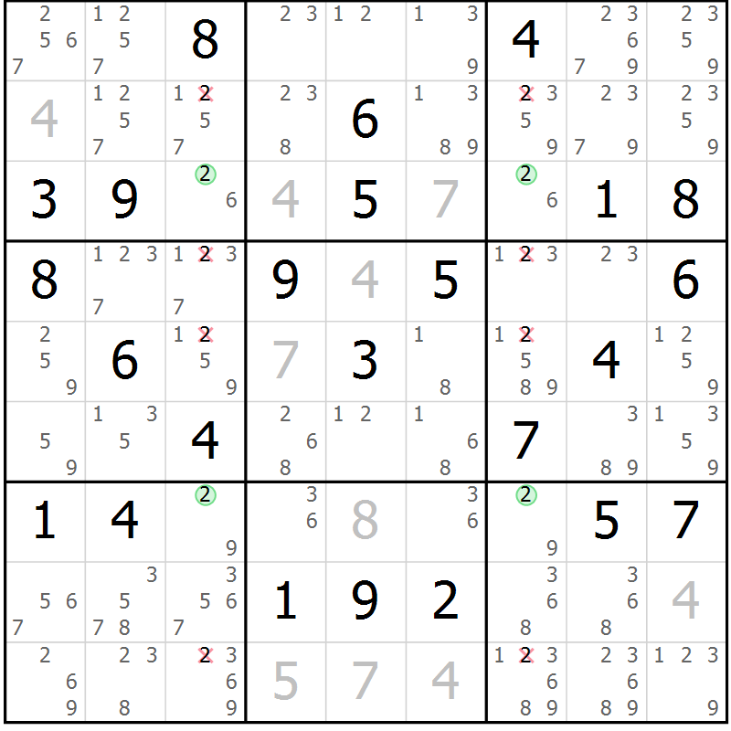 Position des candidats pour la solution de la Gr 82 page 85 du magazine de sudoku Sudoku Suprême n° 036