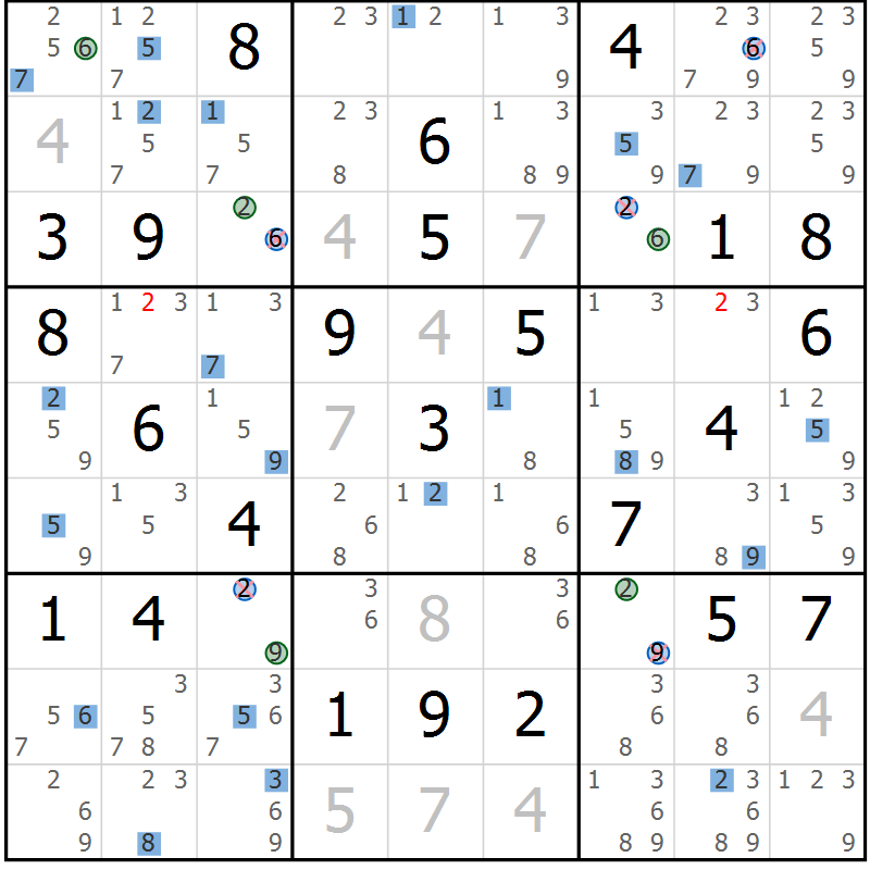 Position des candidats pour la solution de la Gr 82 page 85 du magazine de sudoku Sudoku Suprême n° 036