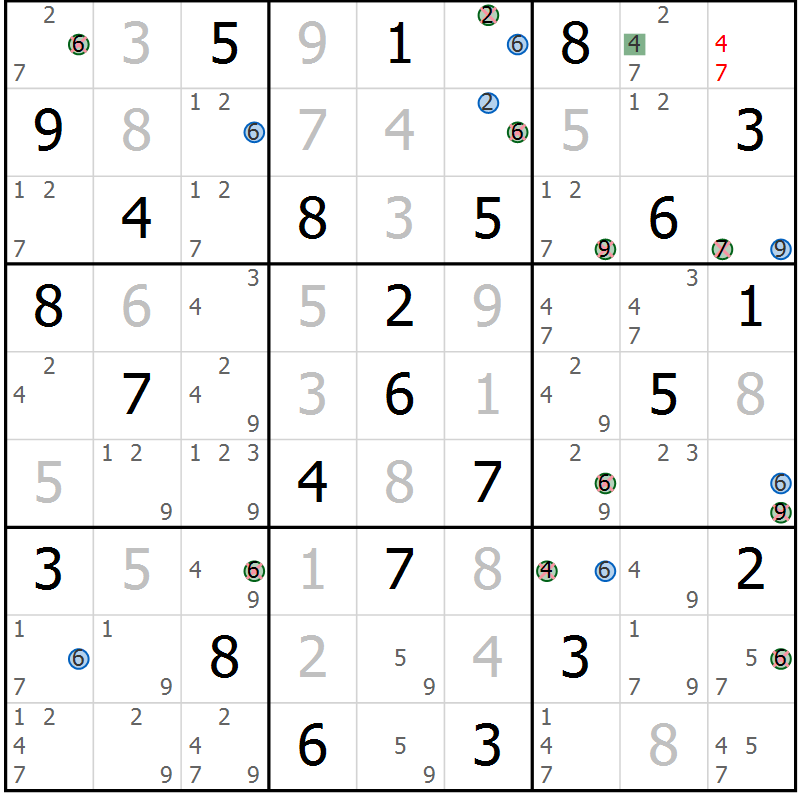 Position des candidats pour la solution de la Gr 84 page 87 du magazine de sudoku Sudoku Suprême n° 036