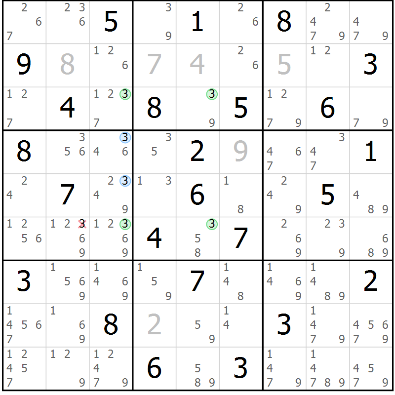 Position des candidats pour la solution de la Gr 84 page 87 du magazine de sudoku Sudoku Suprême n° 036