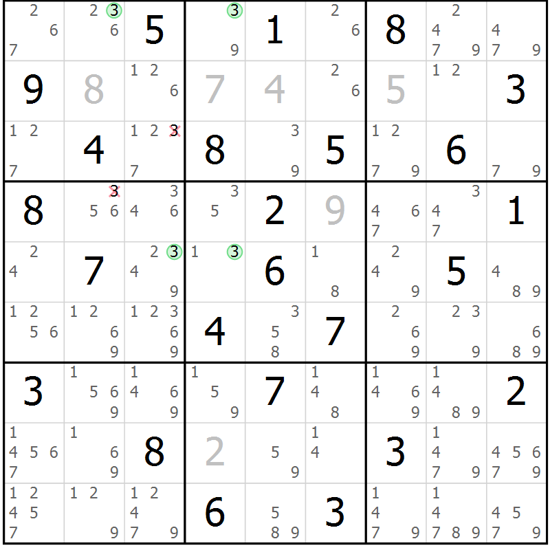 Position des candidats pour la solution de la Gr 84 page 87 du magazine de sudoku Sudoku Suprême n° 036