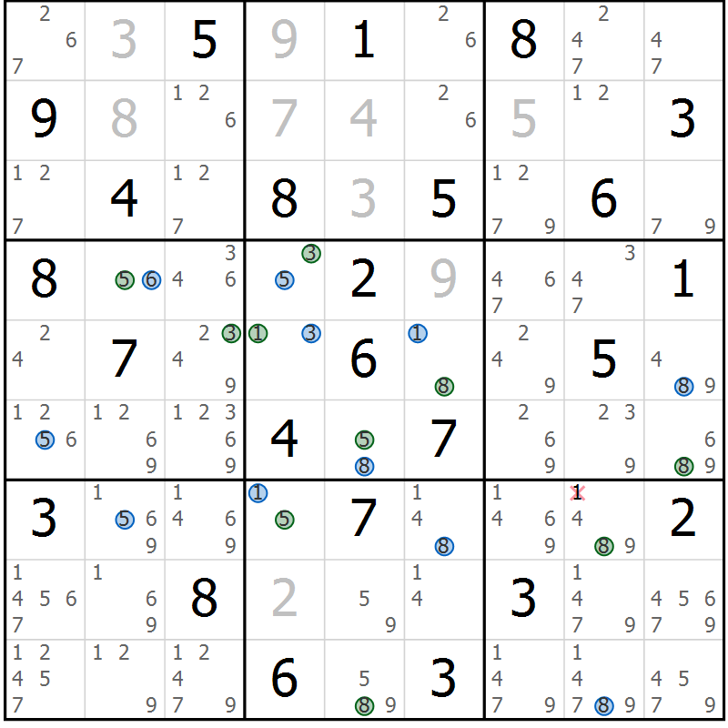 Position des candidats pour la solution de la Gr 84 page 87 du magazine de sudoku Sudoku Suprême n° 036