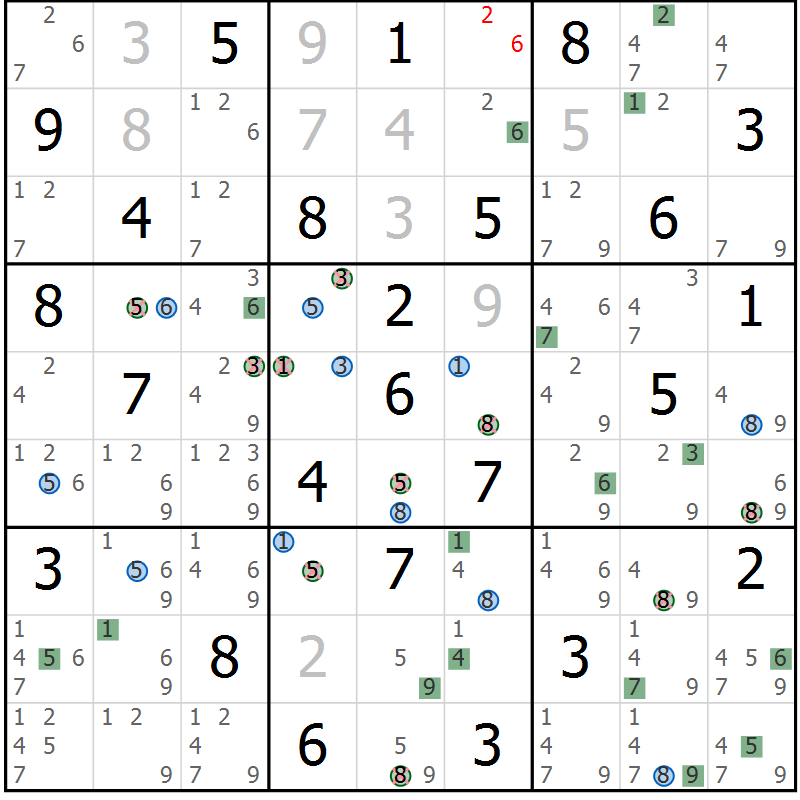 Position des candidats pour la solution de la Gr 84 page 87 du magazine de sudoku Sudoku Suprême n° 036