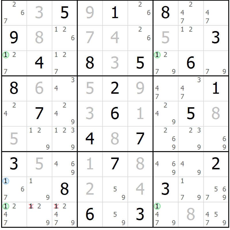 Position des candidats pour la solution de la Gr 84 page 87 du magazine de sudoku Sudoku Suprême n° 036