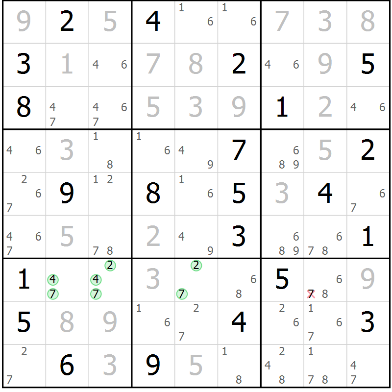 Position des candidats pour la solution de la Gr 10 page 13 du magazine de sudoku Sudoku Suprême n° 037
