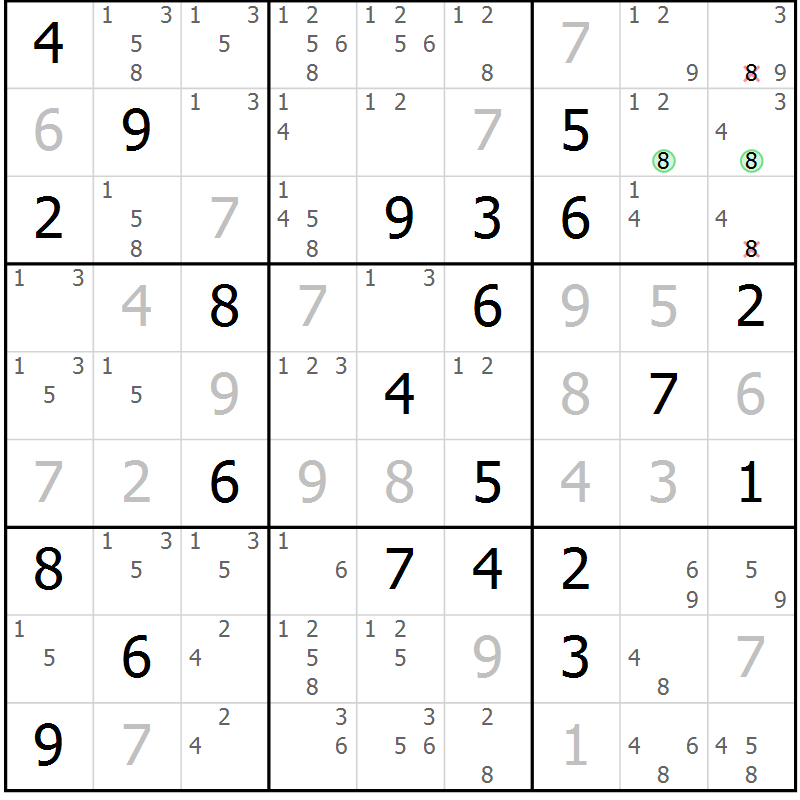 Position des candidats pour la solution de la Gr 11 page 14 du magazine de sudoku Sudoku Suprême n° 037