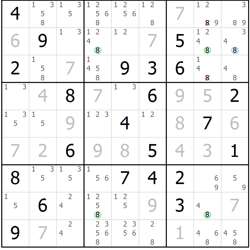 Position des candidats pour la solution de la Gr 11 page 14 du magazine de sudoku Sudoku Suprême n° 037