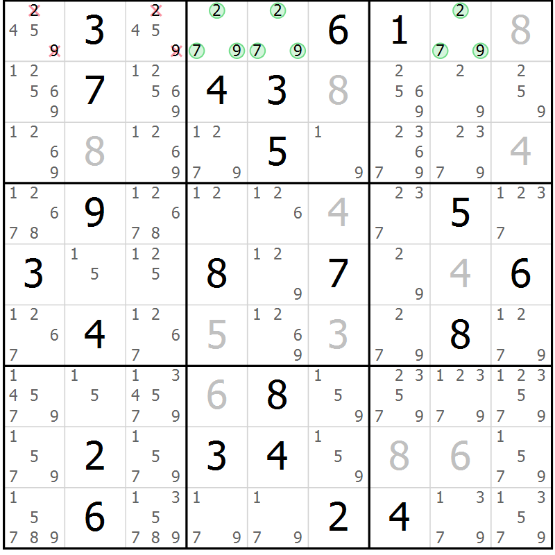 Position des candidats pour la solution de la Gr 13 page 16 du magazine de sudoku Sudoku Suprême n° 037