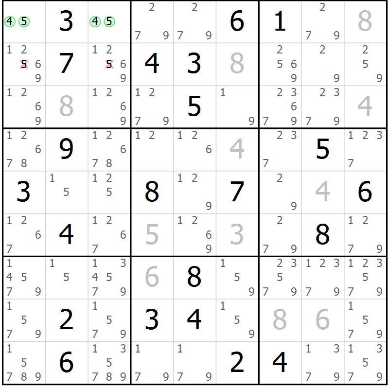 Position des candidats pour la solution de la Gr 13 page 16 du magazine de sudoku Sudoku Suprême n° 037