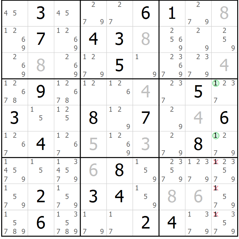 Position des candidats pour la solution de la Gr 13 page 16 du magazine de sudoku Sudoku Suprême n° 037