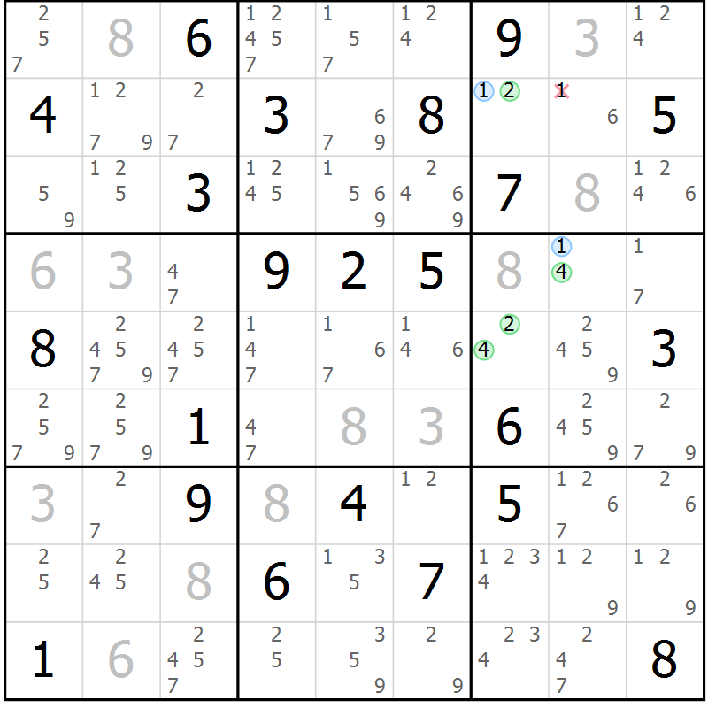 Position des candidats pour la solution de la Gr 15 page 18 du magazine de sudoku Sudoku Suprême n° 037