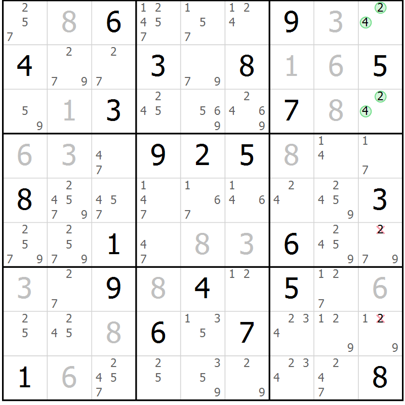 Position des candidats pour la solution de la Gr 15 page 18 du magazine de sudoku Sudoku Suprême n° 037