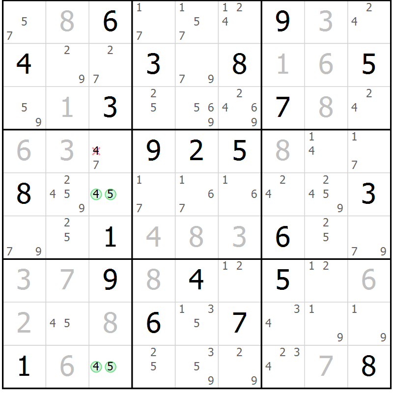 Position des candidats pour la solution de la Gr 15 page 18 du magazine de sudoku Sudoku Suprême n° 037